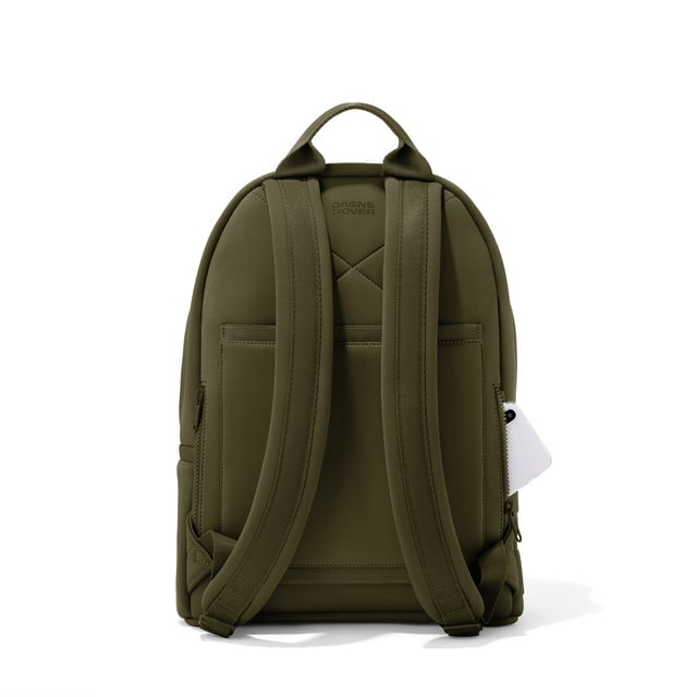 Dagne Dover medium Dakota Neoprene Backpack in dark moss seen from the back.