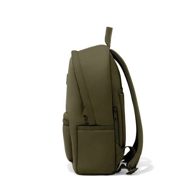 Dagne Dover medium Dakota Neoprene Backpack in dark moss seen from the side.