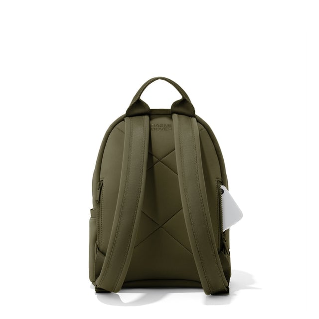 Dagne Dover small Dakota Neoprene Backpack in dark moss seen from the back.