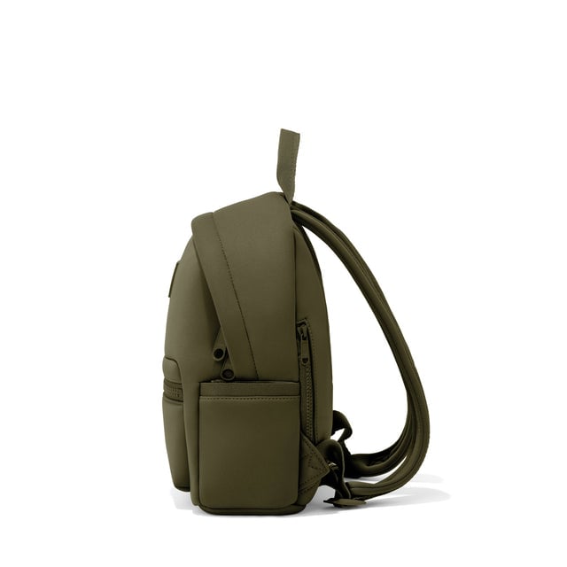 Dagne Dover small Dakota Neoprene Backpack in dark moss seen from the side.