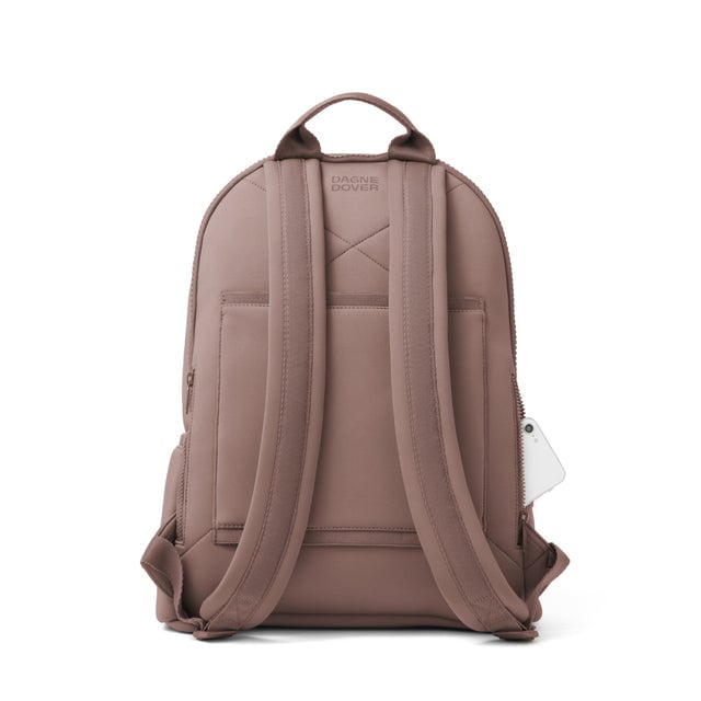 Dagne Dover large Dakota Neoprene Backpack in pink seen from the back.