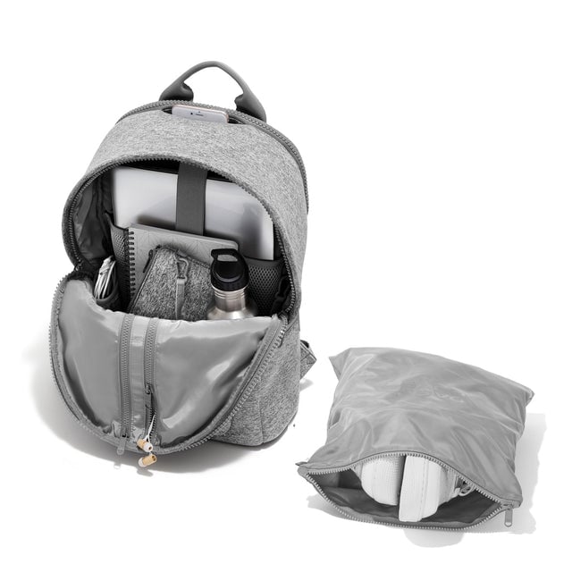 Dagne Dover large Dakota Neoprene Backpack in grey unzipped, showing the interior pockets and shoe bag.