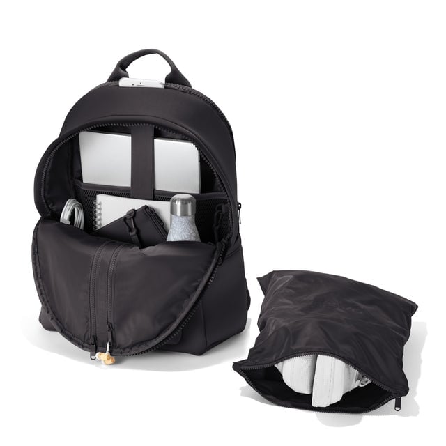 Dagne Dover large Dakota Neoprene Backpack in black unzipped, showing the interior pockets and shoe bag.