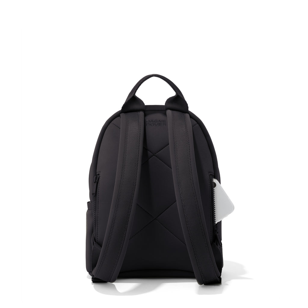 Dagne Dover small Dakota Neoprene Backpack in black seen from the back.