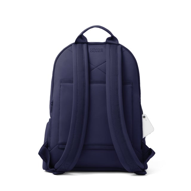 Dagne Dover large Dakota Neoprene Backpack in dark blue seen from the back.