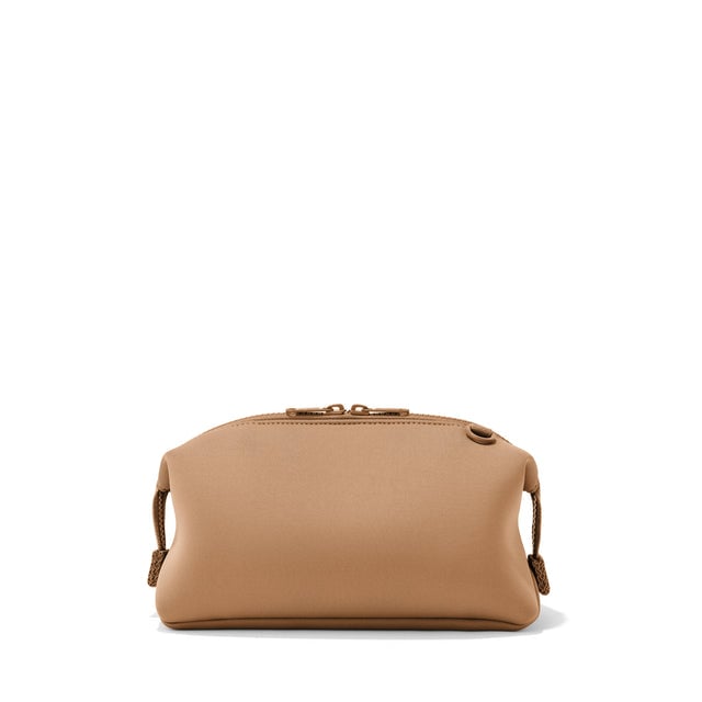 Dagne Dover Large Hunter Toiletry Bag in camel brown seen from the back.