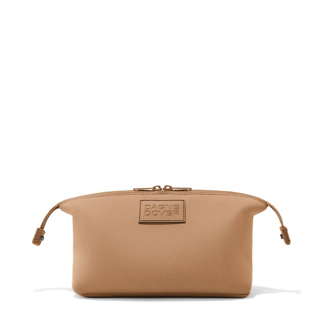 Dagne Dover Large Hunter Toiletry Bag in camel brown with sides unclipped.