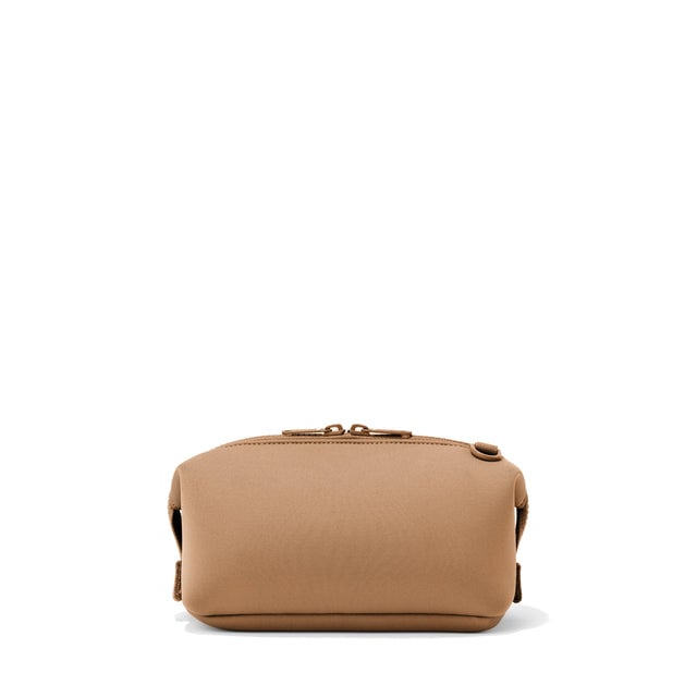 Dagne Dover Small Hunter Toiletry Bag in camel brown seen from the back.