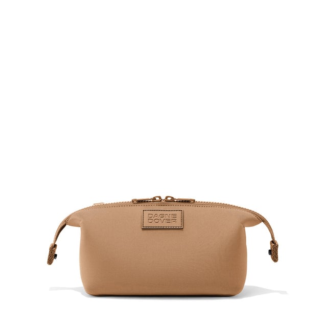 Dagne Dover Small Hunter Toiletry Bag in camel brown with sides unclipped.