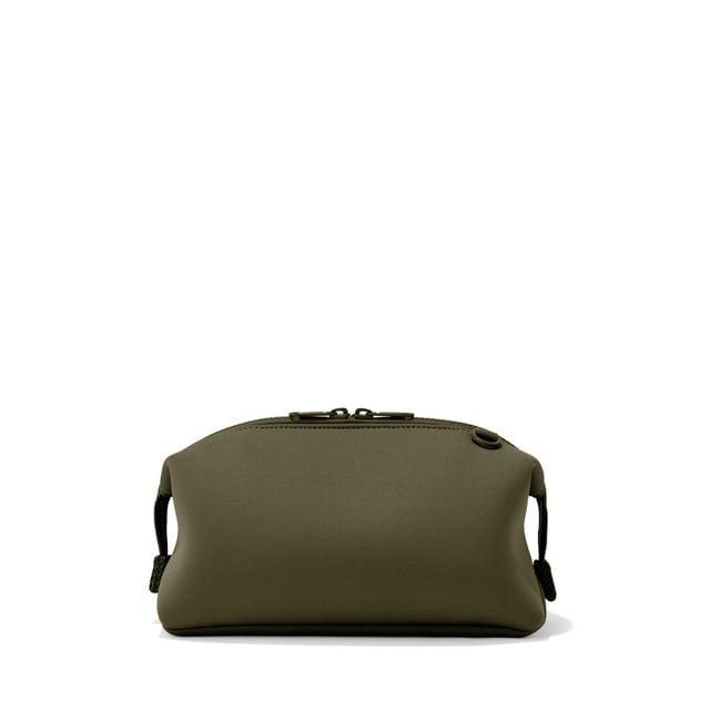Dagne Dover Large Hunter Toiletry Bag in dark green seen from the back.