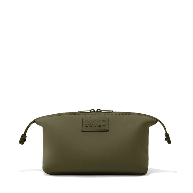 Dagne Dover Large Hunter Toiletry Bag in dark green with sides unclipped.