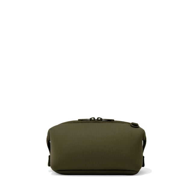 Dagne Dover Small Hunter Toiletry Bag in dark green seen from the back.