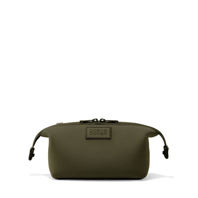 Dagne Dover Small Hunter Toiletry Bag in dark green with sides unclipped.