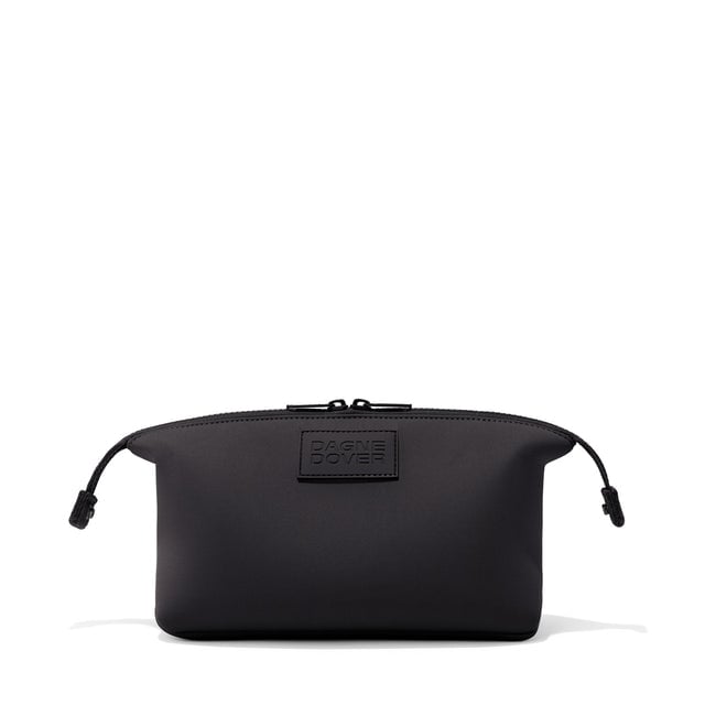 Dagne Dover Large Hunter Toiletry Bag in black with sides unclipped.