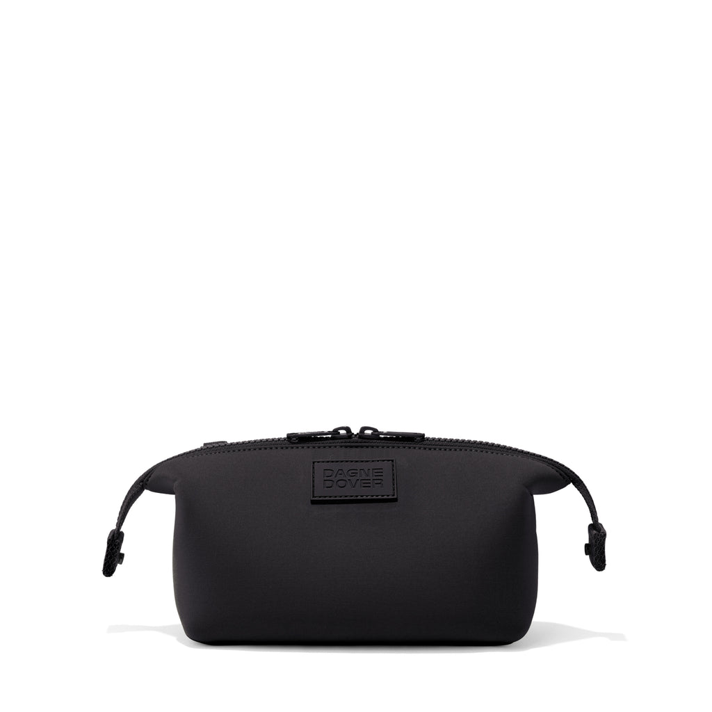 Dagne Dover Small Hunter Toiletry Bag in black with sides unclipped.