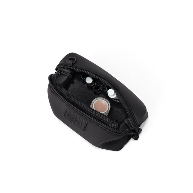 Dagne Dover Small Hunter Toiletry Bag in black unzipped and seen from above.