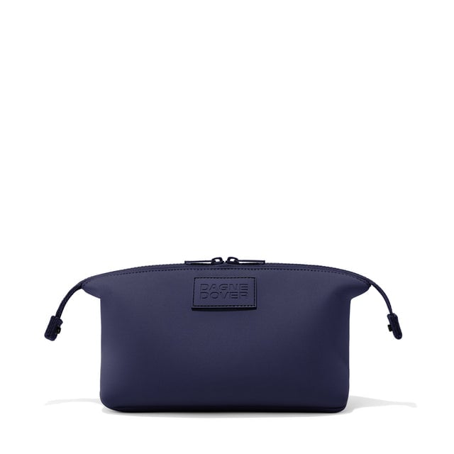 Dagne Dover Large Hunter Toiletry Bag in navy blue with sides unclipped.