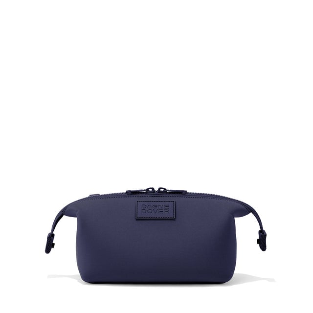 Dagne Dover Small Hunter Toiletry Bag in navy blue with sides unclipped.