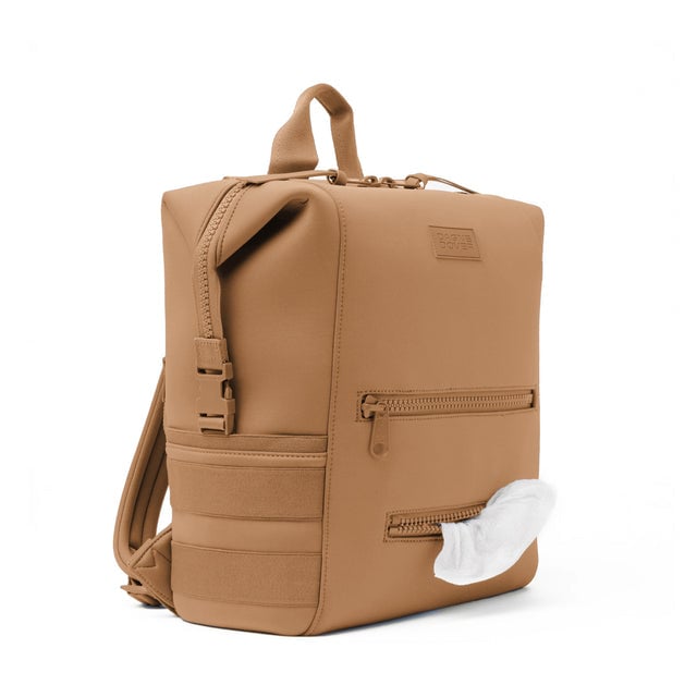 Dagne Dover Large Indi Diaper Backpack in camel brown showing the zipper opening for easy access wipes.