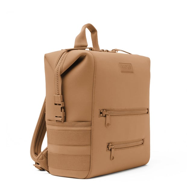 Dagne Dover Large Indi Diaper Backpack in camel brown seen from an angle.