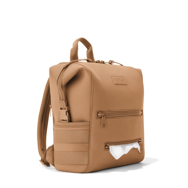 Dagne Dover Medium Indi Diaper Backpack in camel brown showing the zipper opening for easy access wipes.