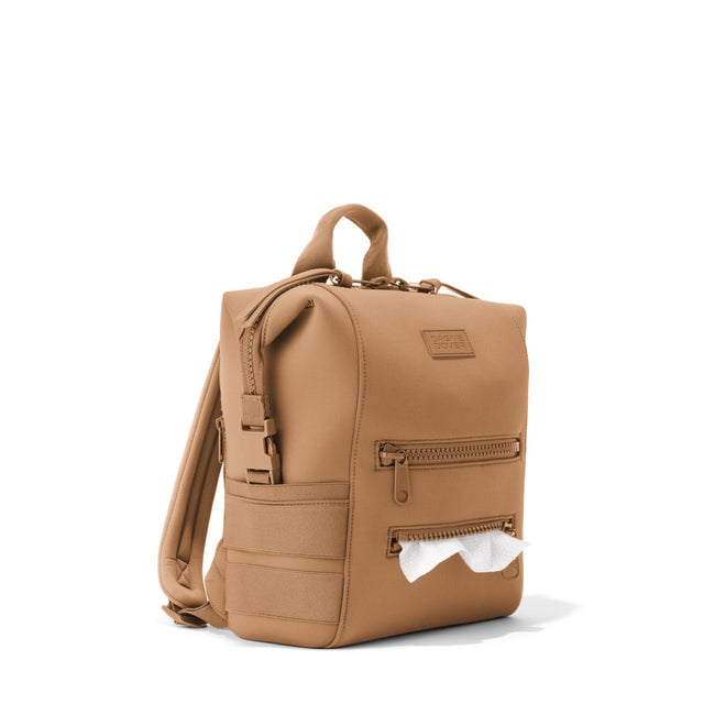 Dagne Dover Small Indi Diaper Backpack in camel brown showing the zipper opening for easy access wipes.