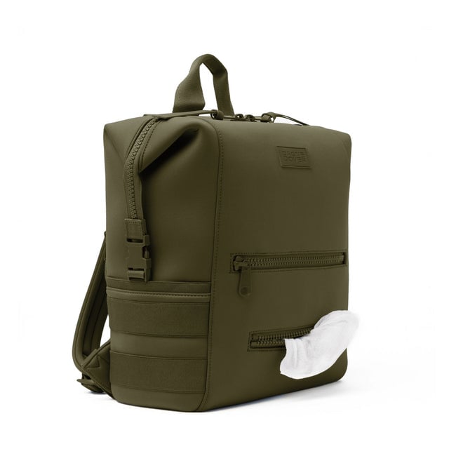 Dagne Dover Large Indi Diaper Backpack in dark green showing the zipper opening for easy access wipes.