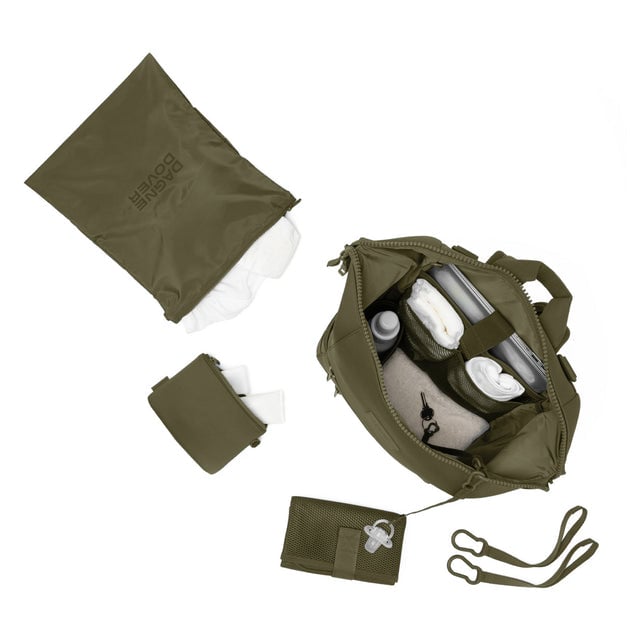Dagne Dover Large Indi Diaper Backpack in dark green showing it's water resistant bag, interior pockets, and changing mat.
