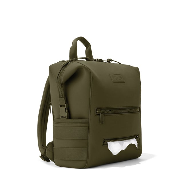 Dagne Dover Medium Indi Diaper Backpack in dark green showing the zipper opening for easy access wipes.