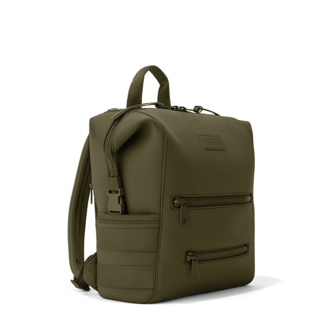 Dagne Dover Medium Indi Diaper Backpack in dark green seen from an angle.