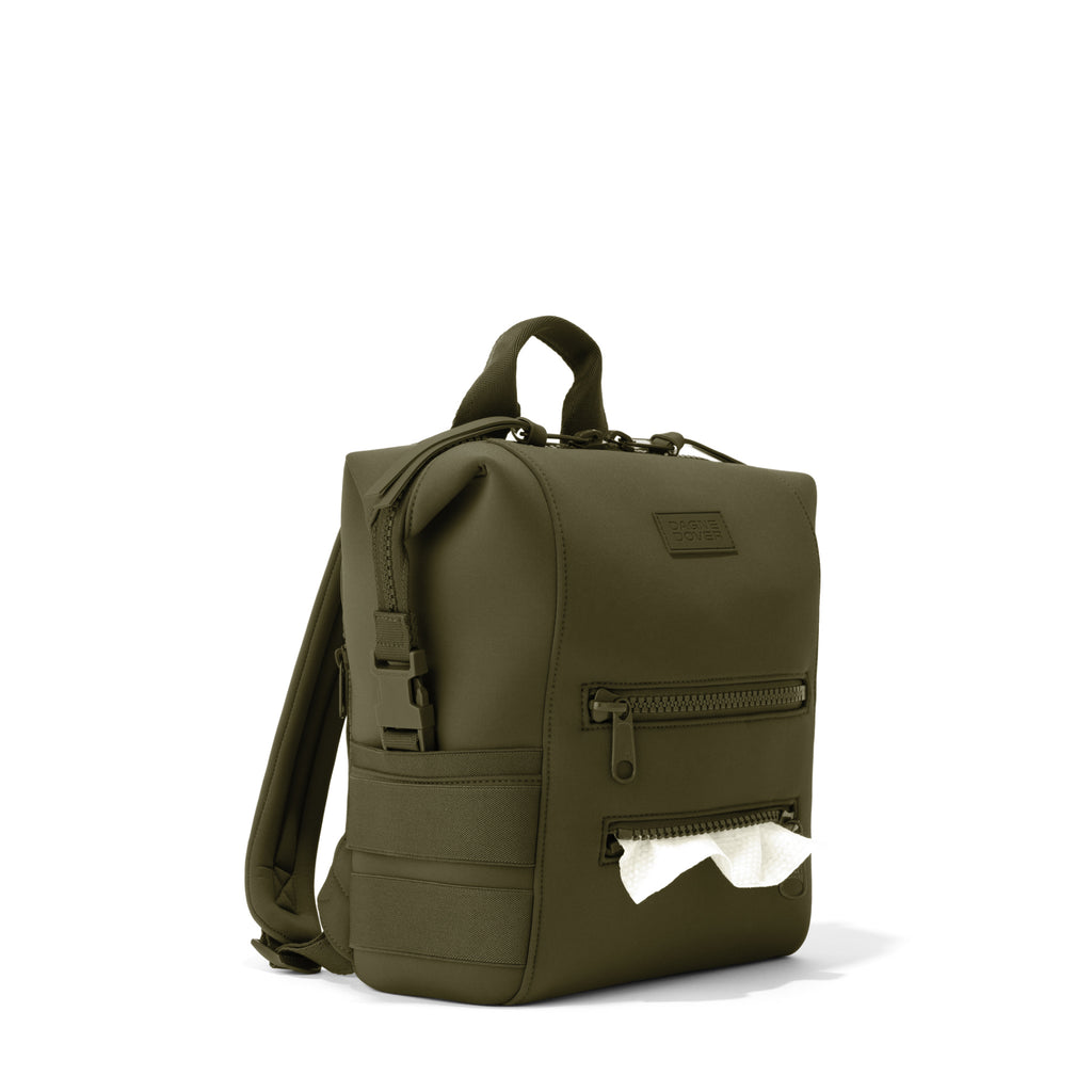 Dagne Dover Small Indi Diaper Backpack in dark green showing the zipper opening for easy access wipes.