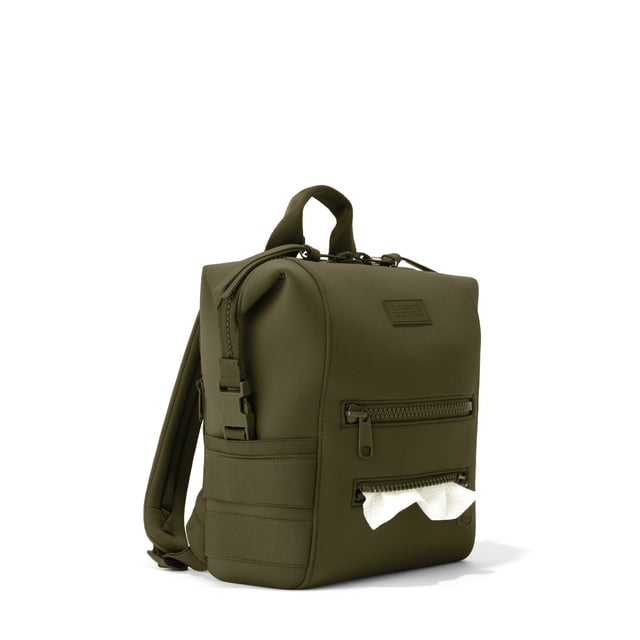 Dagne Dover Small Indi Diaper Backpack in dark green showing the zipper opening for easy access wipes.