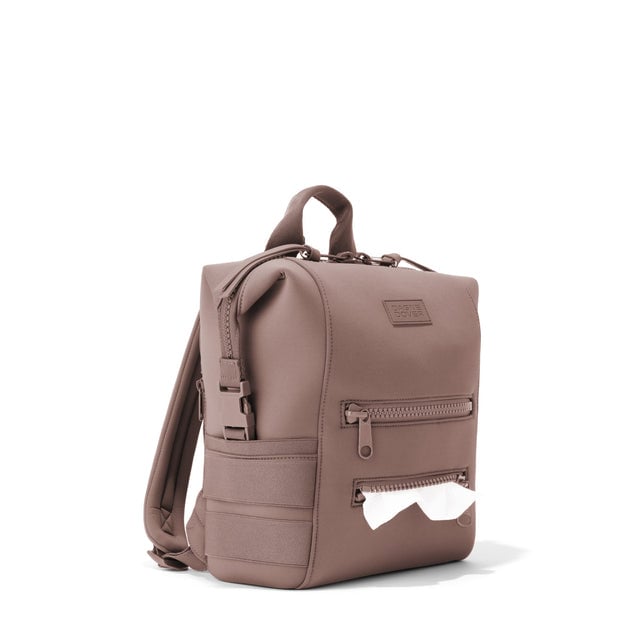 Dagne Dover Small Indi Diaper Backpack in dune pink showing the zipper opening for easy access wipes.