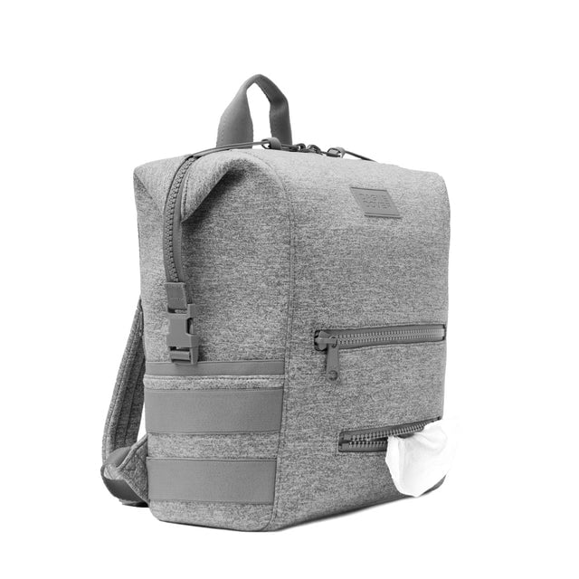 Dagne Dover Large Indi Diaper Backpack in heather grey showing the zipper opening for easy access wipes.