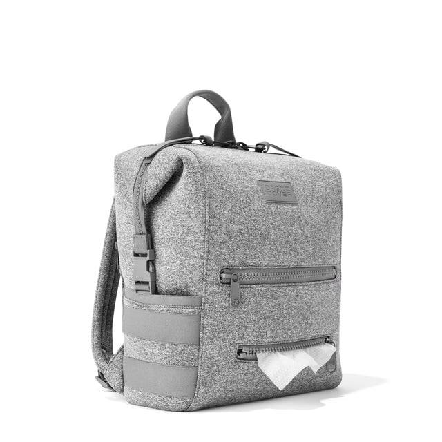Dagne Dover Medium Indi Diaper Backpack in heather grey showing the zipper opening for easy access wipes.
