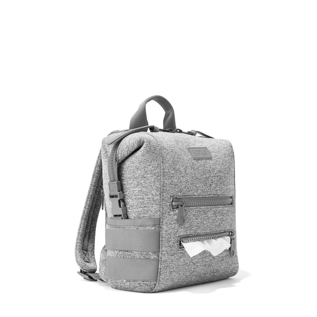 Dagne Dover Small Indi Diaper Backpack in heather grey showing the zipper opening for easy access wipes.