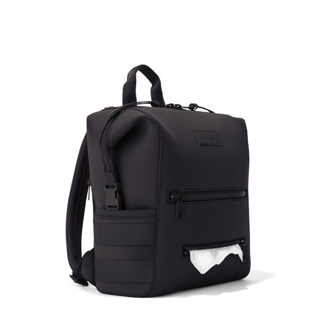 Dagne Dover Medium Indi Diaper Backpack in onyx showing the zipper opening for easy access wipes.