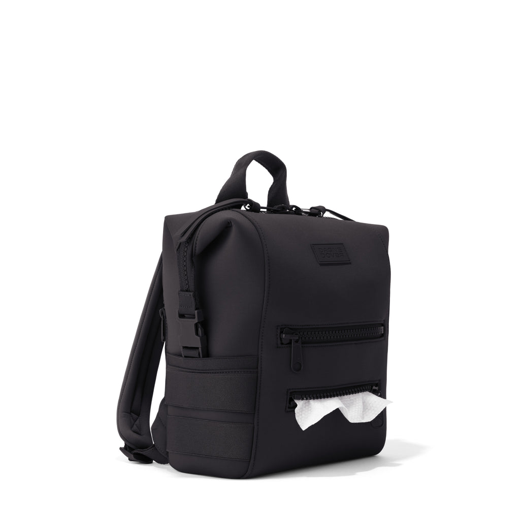 Dagne Dover Small Indi Diaper Backpack in onyx showing the zipper opening for easy access wipes.