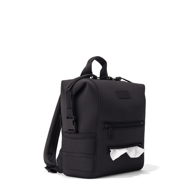 Dagne Dover Small Indi Diaper Backpack in onyx showing the zipper opening for easy access wipes.