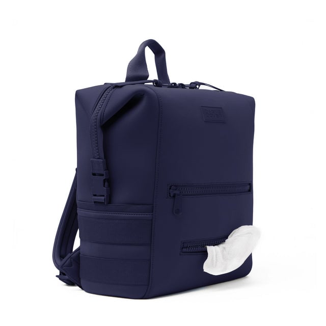 Dagne Dover Large Indi Diaper Backpack in dark blue showing the zipper opening for easy access wipes.