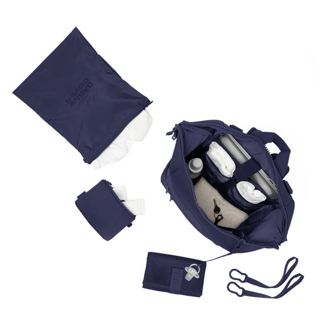 Dagne Dover Large Indi Diaper Backpack in dark blue showing it's water resistant bag, interior pockets, and changing mat.