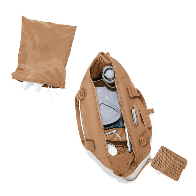 Medium Landon Carryall in camel unzipped, top down view