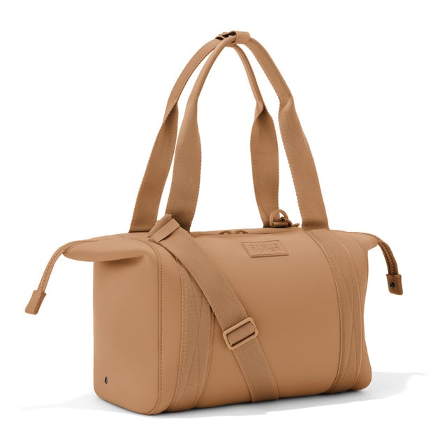 Medium Landon Carryall in camel with zippers unbuckled