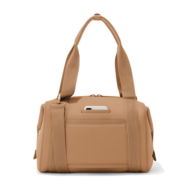 Medium Landon Carryall in camel, displaying an exterior phone pocket