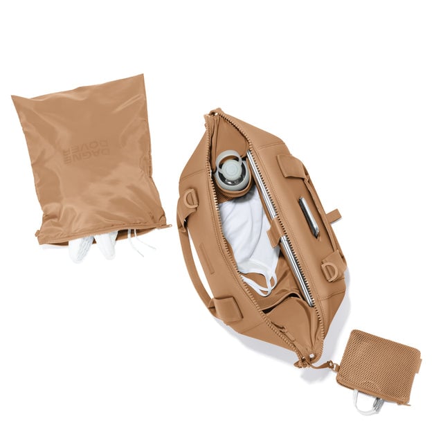 Medium Landon Carryall in camel unzipped, top down view
