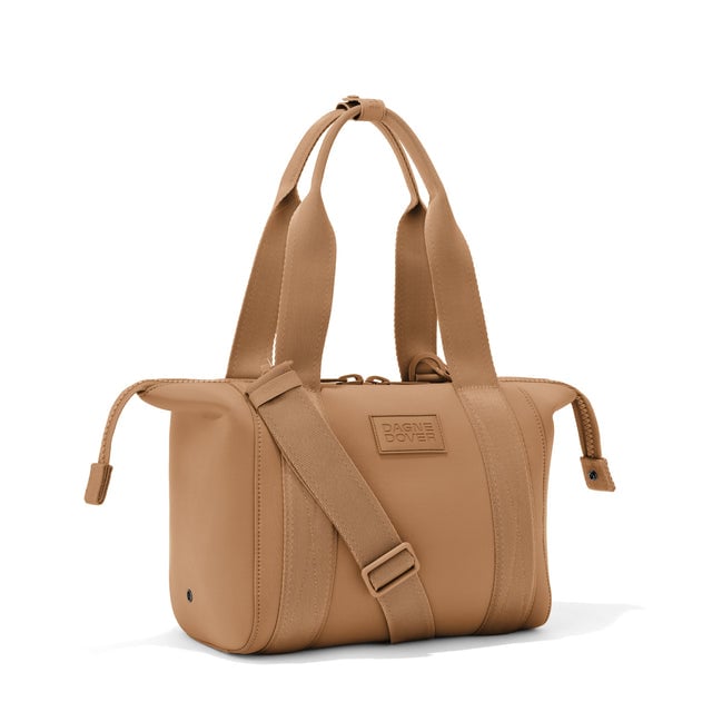 Small Landon Carryall in camel with zippers unbuckled