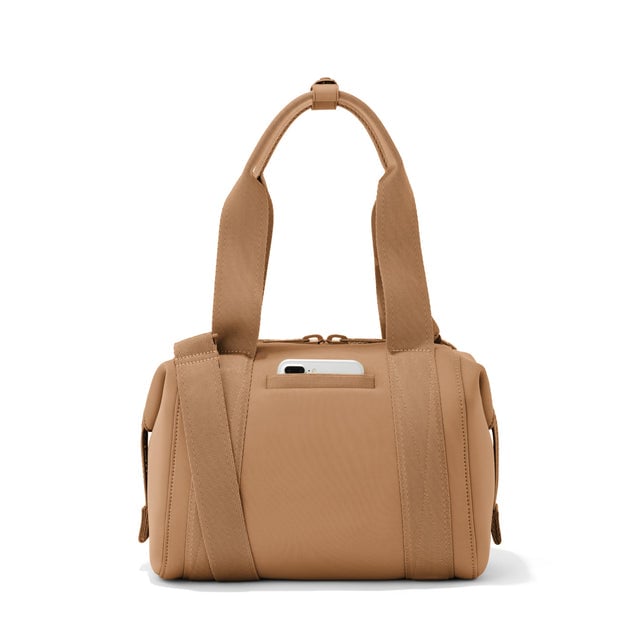 Small Landon Carryall in camel, displaying an exterior phone pocket