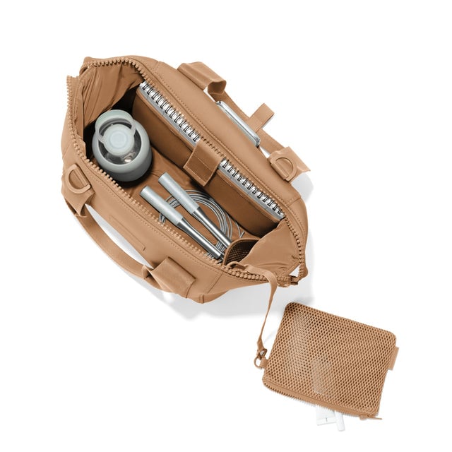 Small Landon Carryall in camel unzipped, top down view