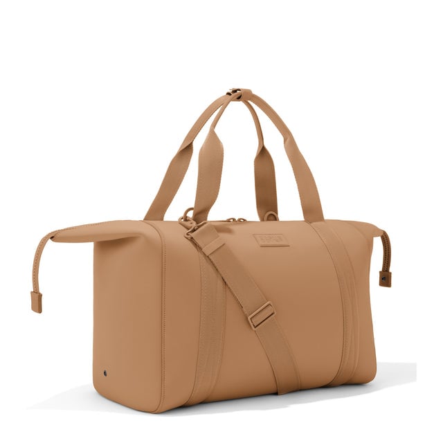 Extra large Landon Carryall in camel with zippers unbuckled