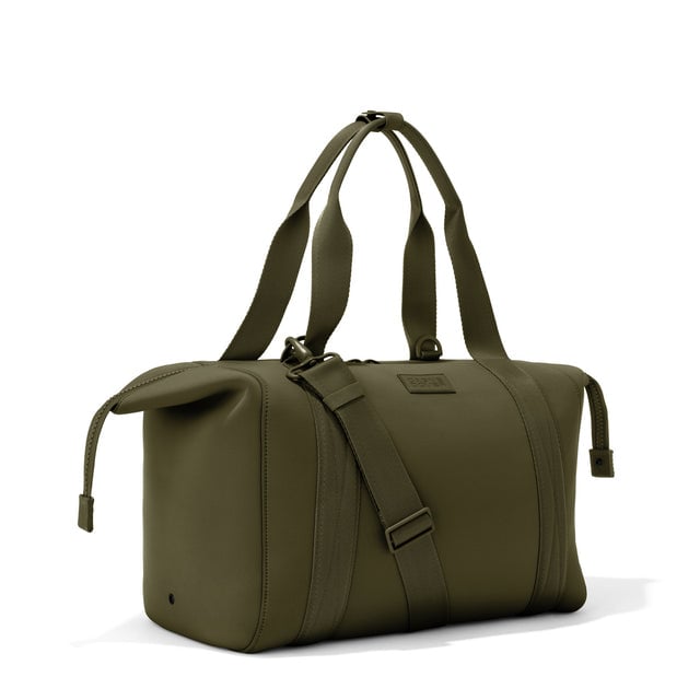 Large Landon Carryall in dark green with zippers unbuckled